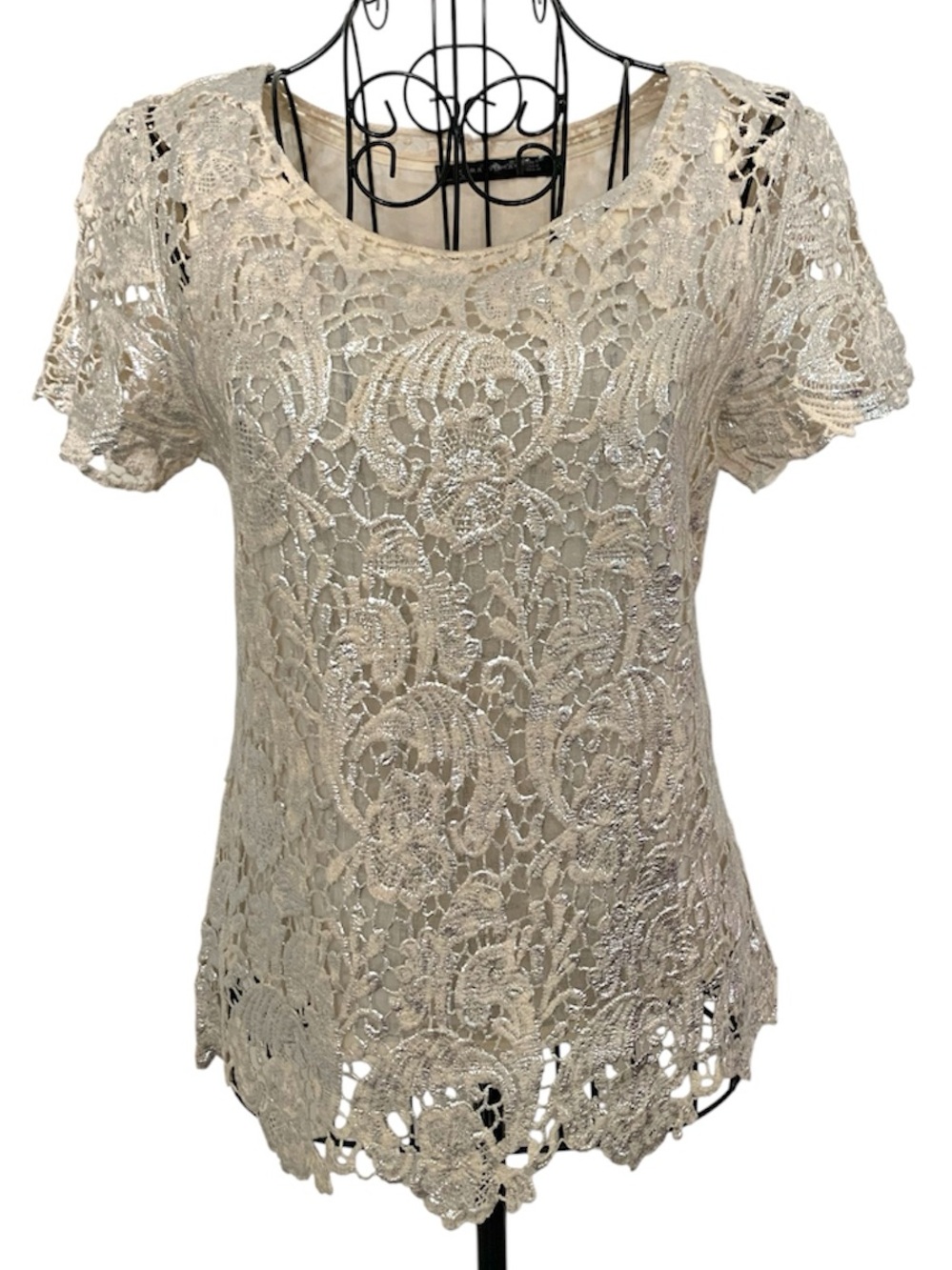 Rare! ZARA WOMAN Made in Spain Metallic Crochet-Inspired Lace Blouse M Fits XS